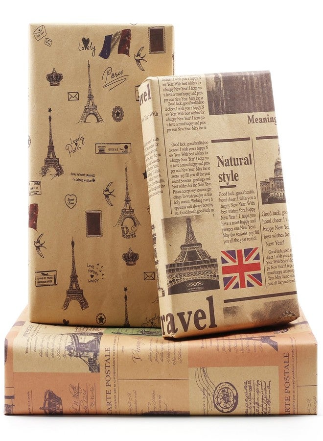 AirCool France Paris Eiffel Tower London Vintage Kraft Newspaper Traveller Wrapping Paper, Europe Gift Wrap 6 Sheets Folded Flat 20x28 inches per Sheet for Wedding, Birthday, Bridal Showers, Anniversary - Image 1